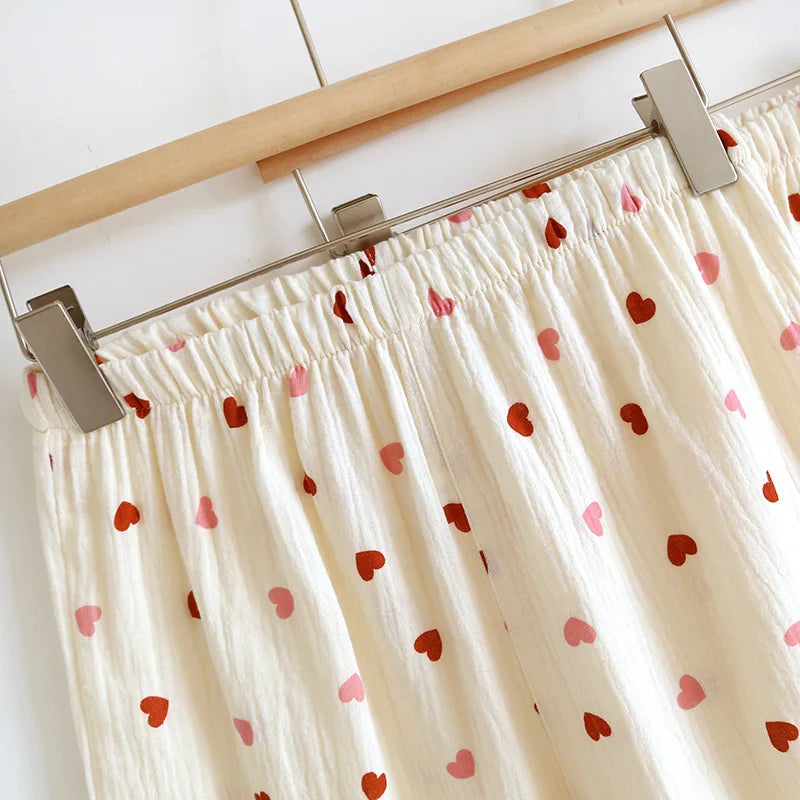 2025 New Summer Pajama Set 100% Cotton Crepe Love Short Sleeves+Shorts+Pants Three Piece Buckle Cute Home Fury Ladies Sleepwear