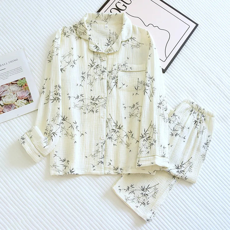 2025 New Spring and Autumn Couple Pajama Set 100% Cotton Crepe Fresh Long sleeved Pants for Men and Women Large Homewear Set