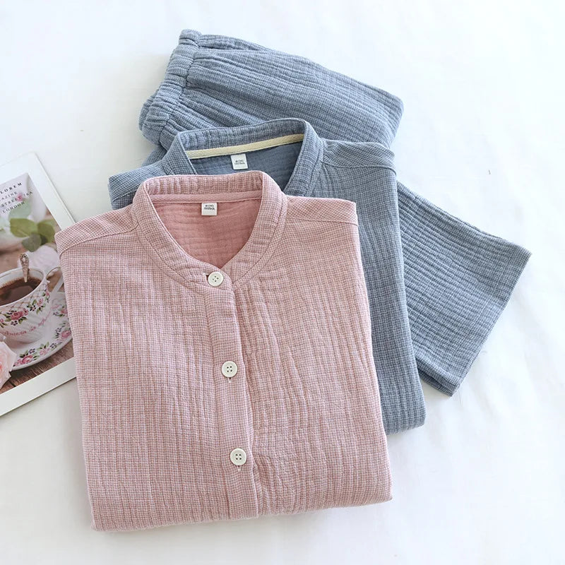 2025 Spring and Autumn New Couple Pajama Set 100% Pure Cotton Crepe Cloth Men's and Women's Stand up Neck Simple Home Clothing