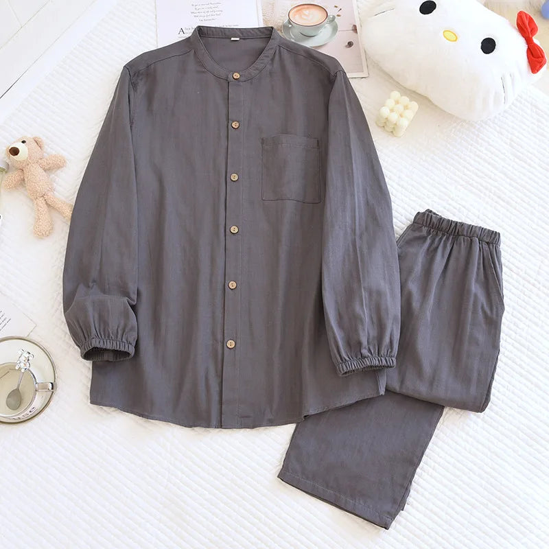 2025 New Spring/Summer Couple's Pajama Set 100% Cotton Simple Men's and Women's Long Sleeve Long Pants Two Piece Home Clothes