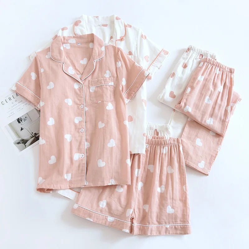 New spring and summer women's pajamas three-piece set short sleeves + shorts + trousers 100%cotton gauze love print homewear set