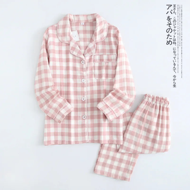 Japanese new couple pajamas, long-sleeved trousers, two-piece 100% cotton gauze simple plaid home service suit for men and women