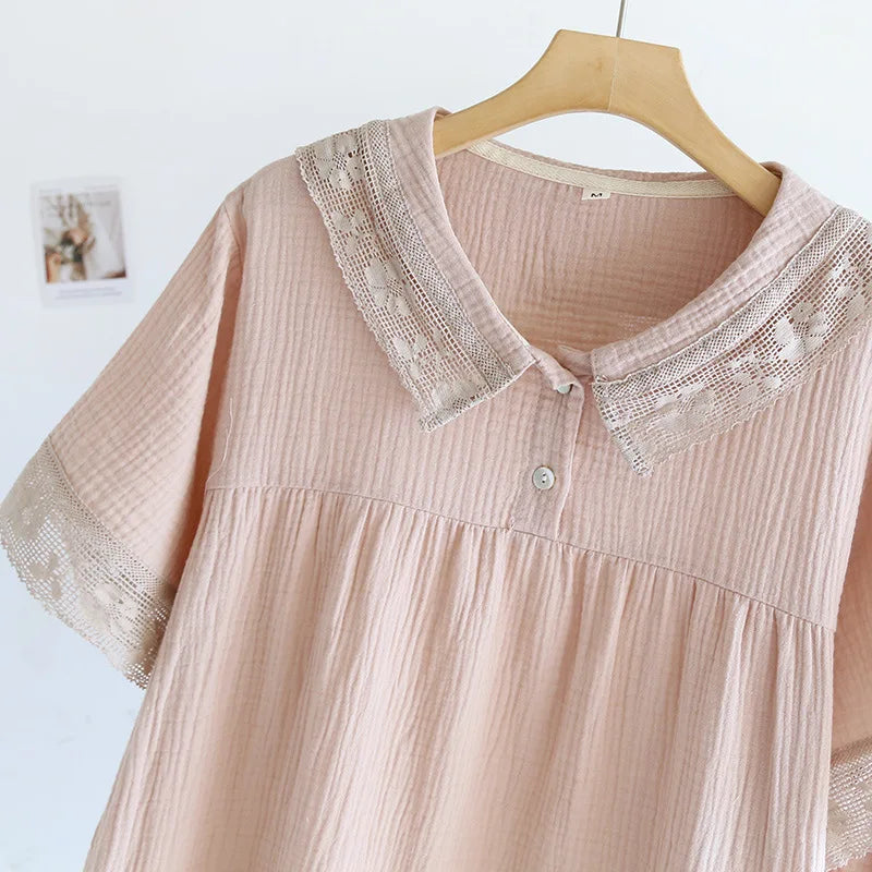 2025 New Japanese Women's Summer Pajama Set 100% Cotton Crepe Short Sleeve Shorts Two Piece Lace Neck Breathable Home Suit Set