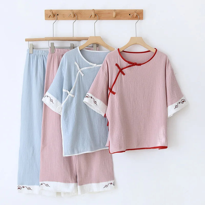 New spring and summer 100% cotton Chinese style women's pajamas two-piece set three-quarter sleeve tops home service suits