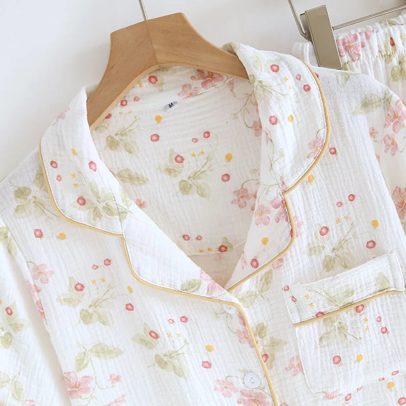 2025 New Spring/Summer Women's Pajama Set 100% Cotton Crepe Short Sleeve+Shorts+Pants 3-Piece Thin cardigan Home Clothes Ladies