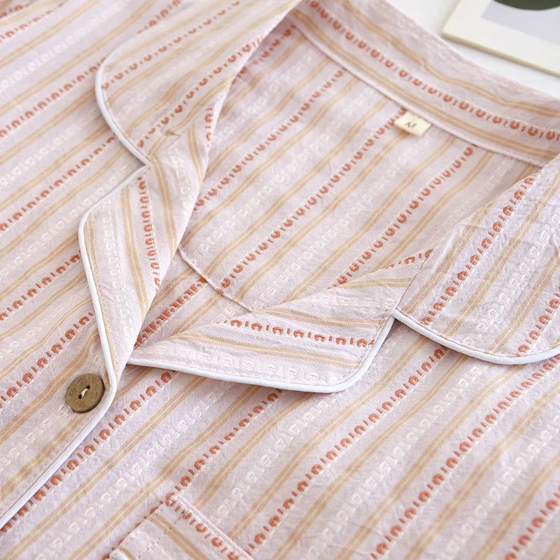 2025 New Spring/Summer Couple Set 100% Cotton Striped Long Sleeve Two Piece Set Men's and Women's Cardigan Home Clothes