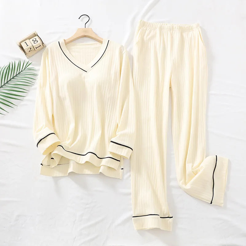 New Spring and Autumn Women's Pajamas Set V-Neck Cotton Thread Knitted Long Sleeve Pants Solid casual two-piece home clothes