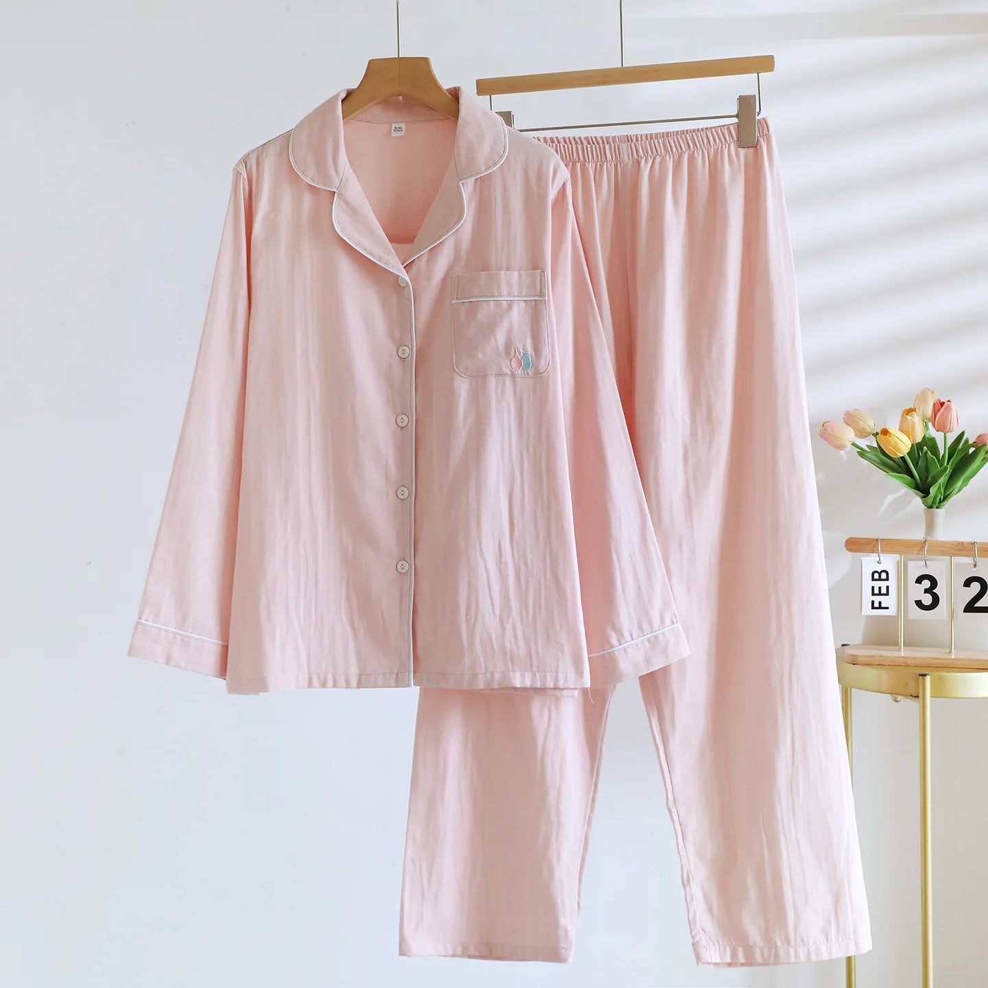 2025 New Spring and Autumn Women's Pajama Set 100% Cotton Simple Long Sleeve Long Pants Two Piece Set Cardigan Home Clothes