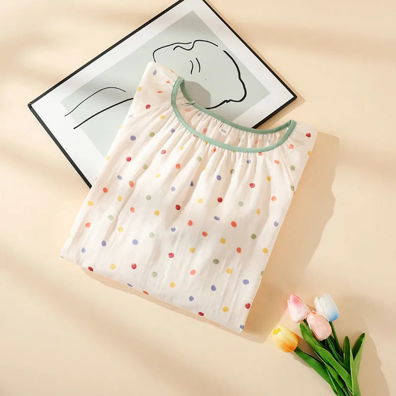 2025 New Summer Sleeping Skirt 100% Cotton Gauze Thin Style Wave Point Home Skirt Loose Round Neck Short Sleeve Sleeping Skirt