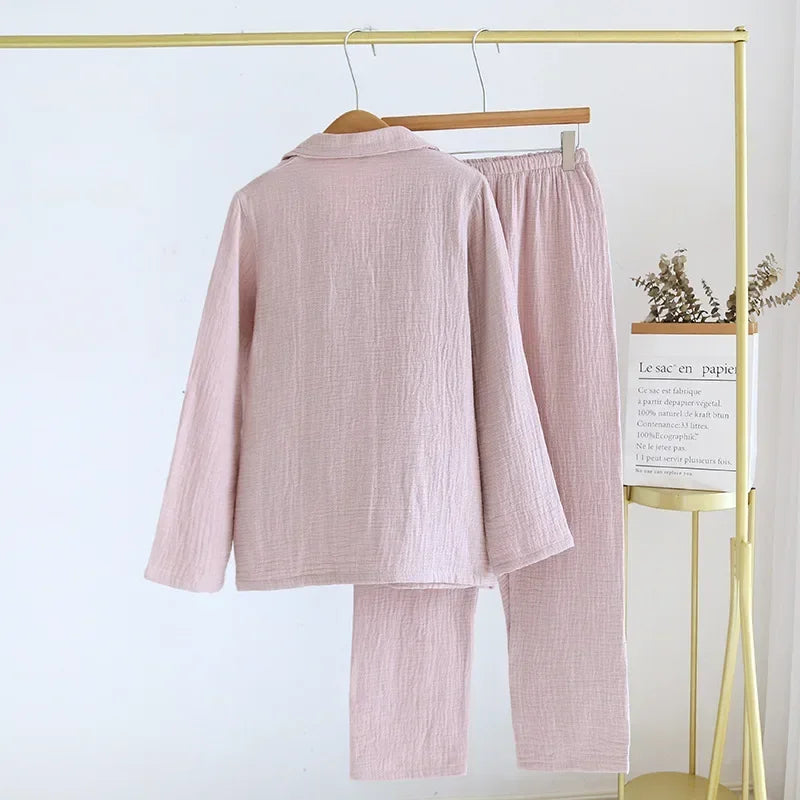 2025 New Couple's Pajama Set 100% Cotton Men's and Women's Collar Long Sleeve Long Pants Solid Color Two Piece Home Set Pijamas