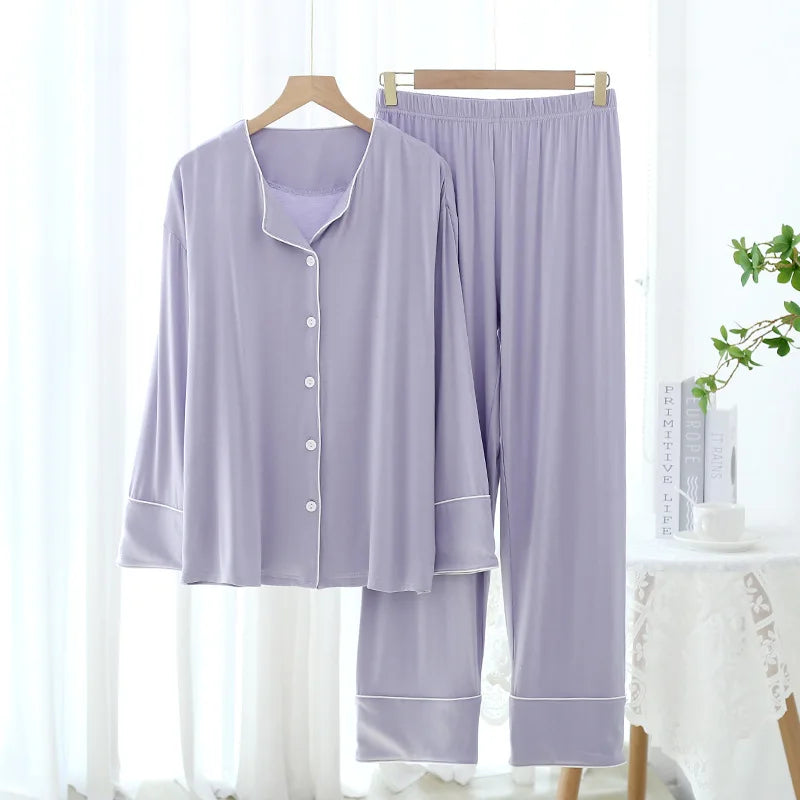 New Spring and Autumn Women's Pajamas Set Modal Pure Color Simple Thin Cardigan Long Sleeve Pants Two Piece Home Suit Sleepwear