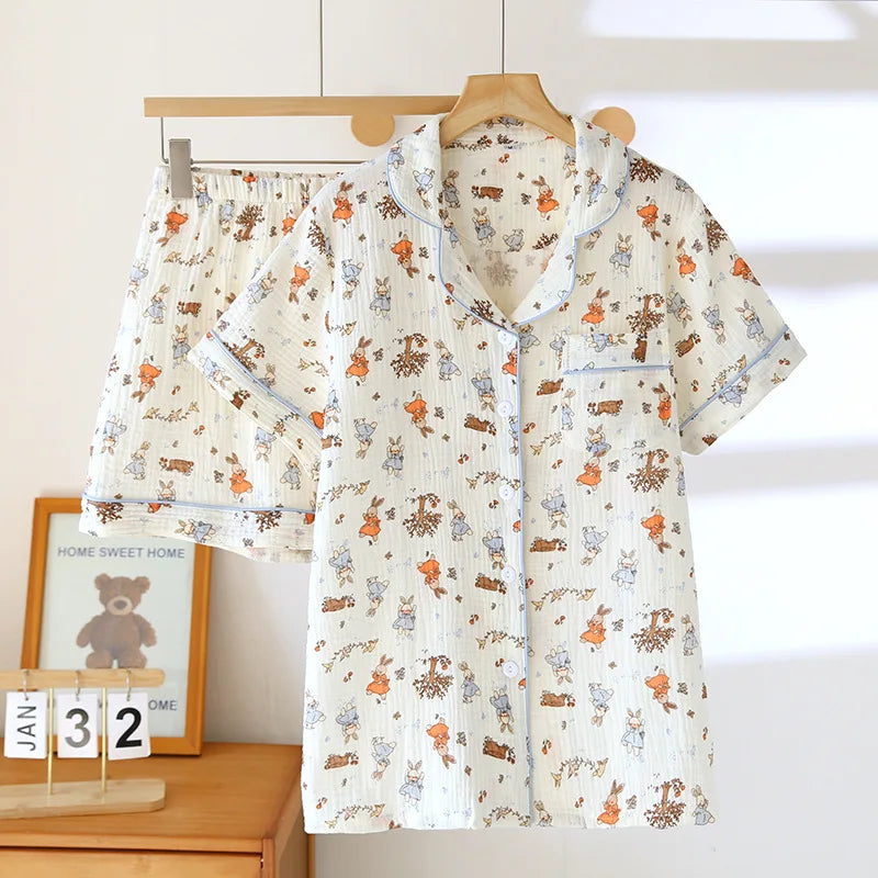 2025 New Summer Women's Pajama Set 100% Cotton Crepe Large Short Sleeve Shorts Two Piece Home Clothes Sleepwear Ladies