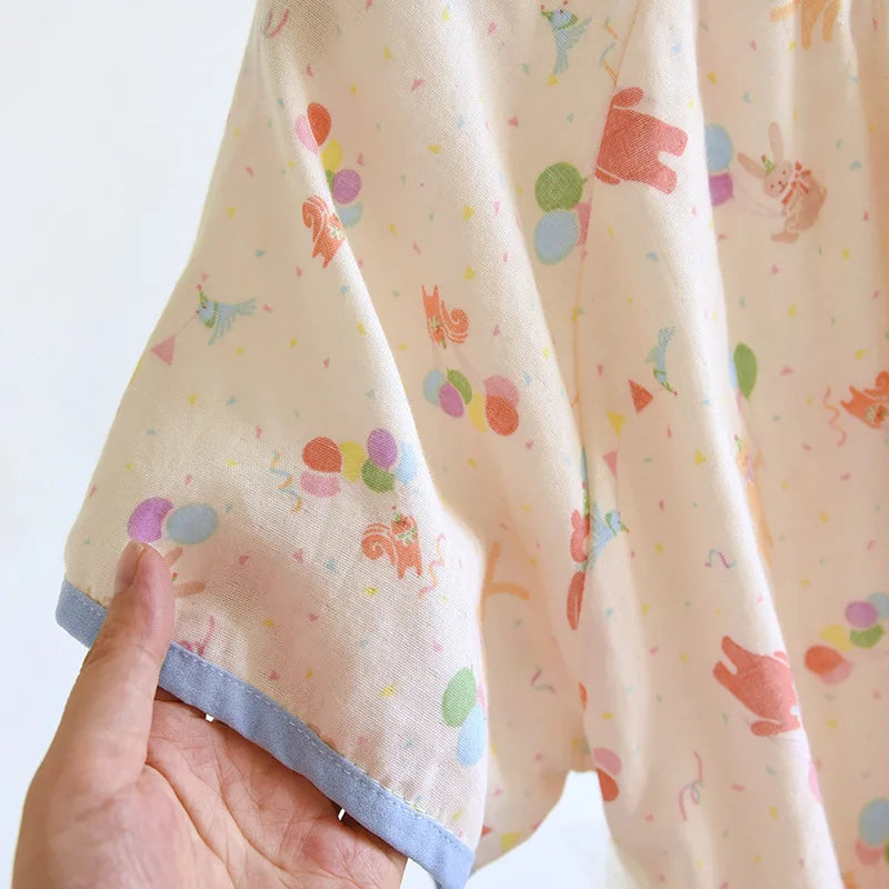 2025 Summer New Women's Pajama Skirt 100% Pure Cotton Double Layer Gauze Short Sleeve Pajama Skirt Thin Cute Pullover Home Dress