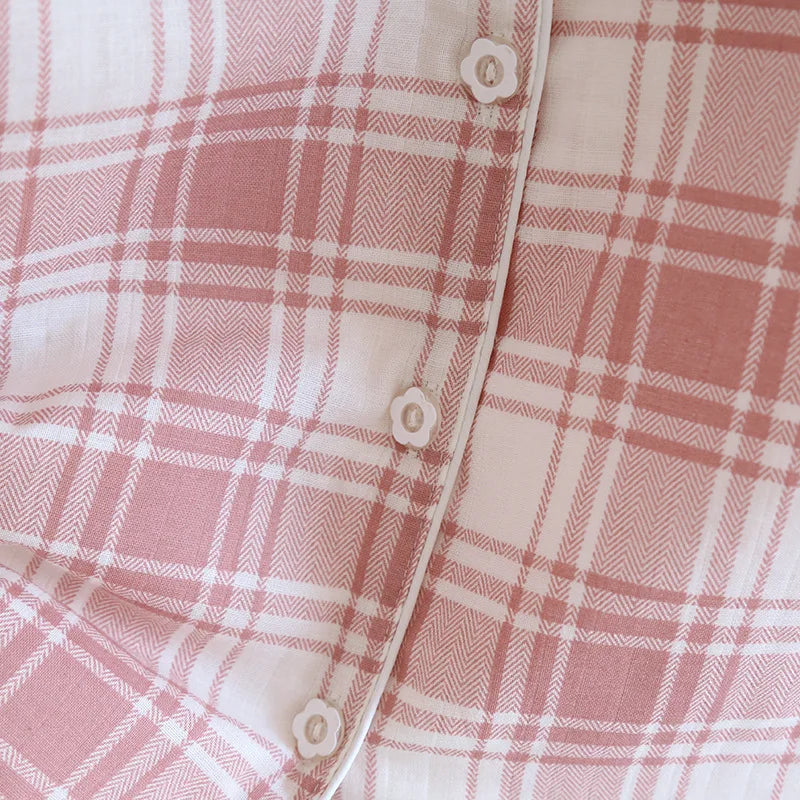 2025 New Summer Women's Pajama Set 100% Cotton Gauze Thin Short Sleeve+Shorts+Pants Simple Checkered Home Furnishing Set
