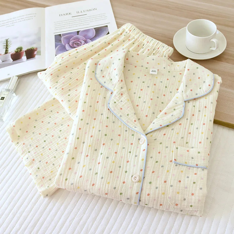New large size pajamas women cotton crepe home service cotton long sleeve trousers suit simple and comfortable summer and autumn