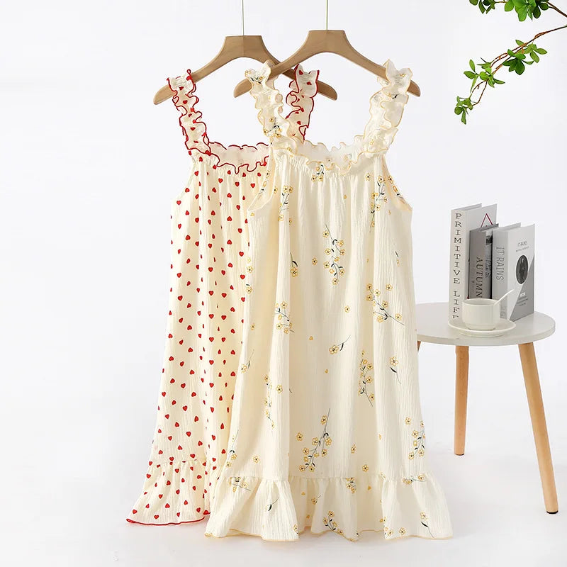 New Summer Ladies Nightdress 100% Cotton Crepe Sling Long Skirt Thin Sleeveless Mid Length Loving Ladies Home Dress plus size
