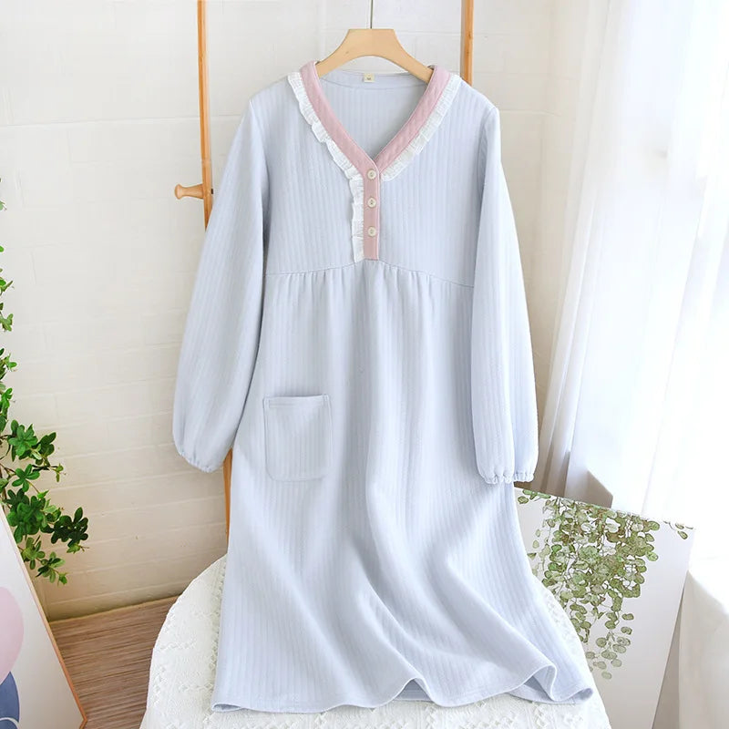 Autumn and Winter New Women's Long Skirt Thickened Thermal Nightdress 100% Cotton Cotton Clip Long Sleeve Home Dress sleepwear