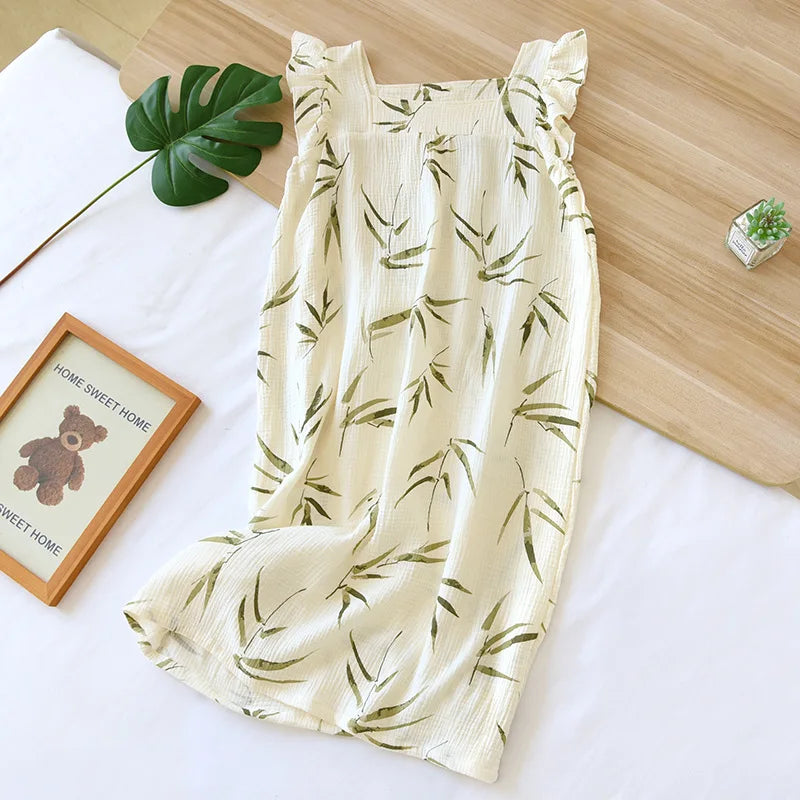 2025 Summer New Style Nightdress Ladies 100% Cotton Crepe Thin Vest Suspender Skirt Loose Long Skirt Sweet And Cute Home Skirt