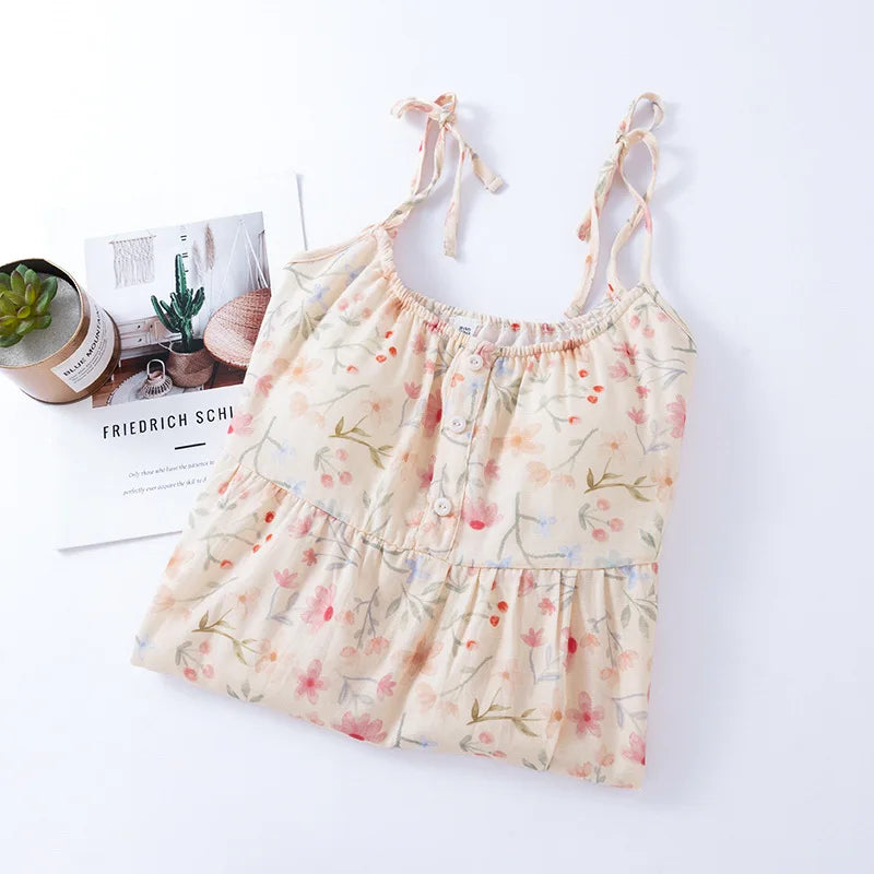 2025 New Summer Women's Sleeping Skirt 100% Cotton Bra Free Strap Skirt Thin Large Floral Dress Summer Dress Sleepwear Women