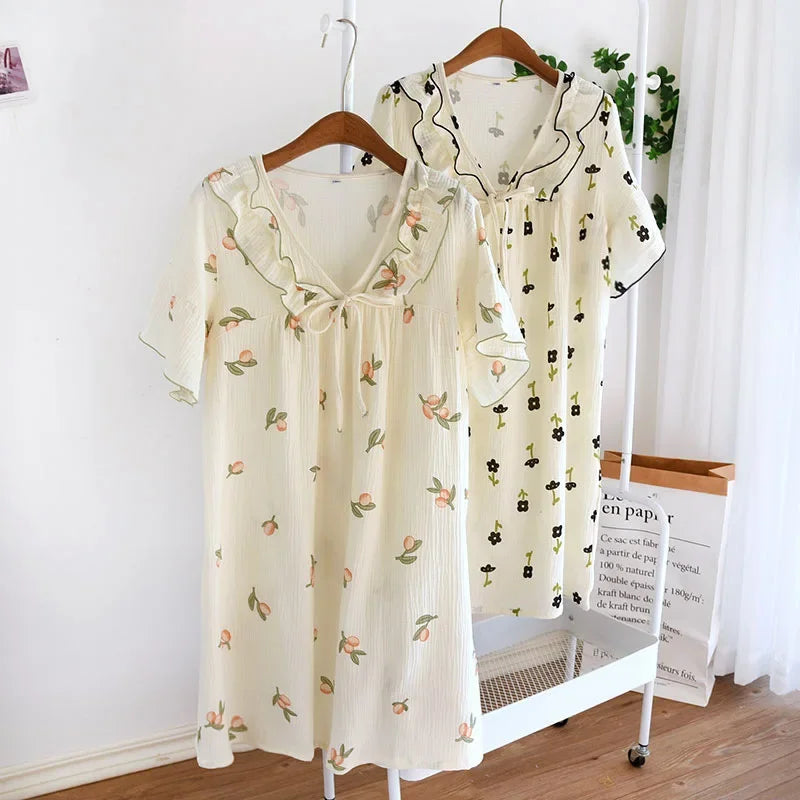 2025 Summer New Women's Pajama Dress 100% Cotton Crepe Ladies Short Sleeve Skirt Thin Flower Dress Homewear Pajama Dress