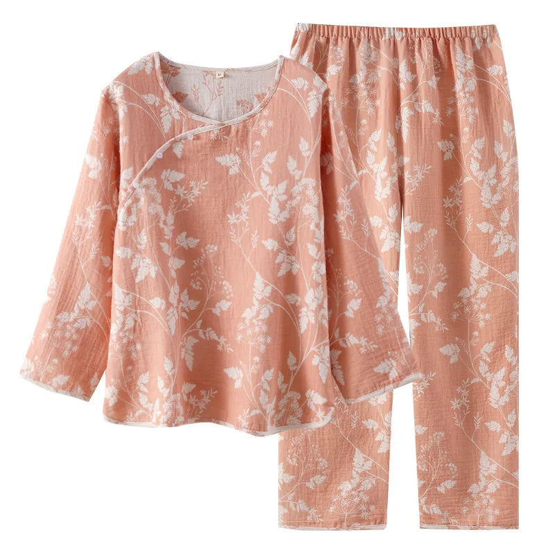 2025 New Spring and Autumn Women's Pajama Set 100% Cotton Gauze Jacquard Long Sleeve Long Pants Loose Home Clothes Two Piece Set