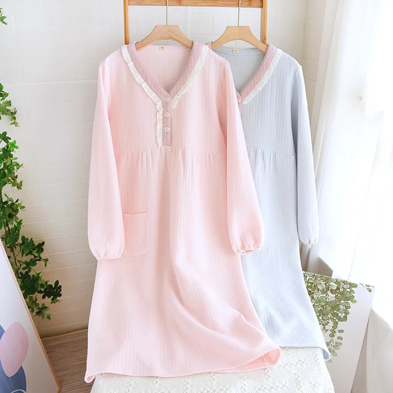 Autumn and Winter New Women's Long Skirt Thickened Thermal Nightdress 100% Cotton Cotton Clip Long Sleeve Home Dress sleepwear