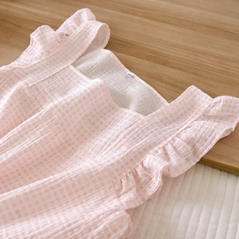 2025 Japanese summer new women's pajamas suit short-sleeved shorts two-piece 100% cotton crepe simple checked thin home clothes