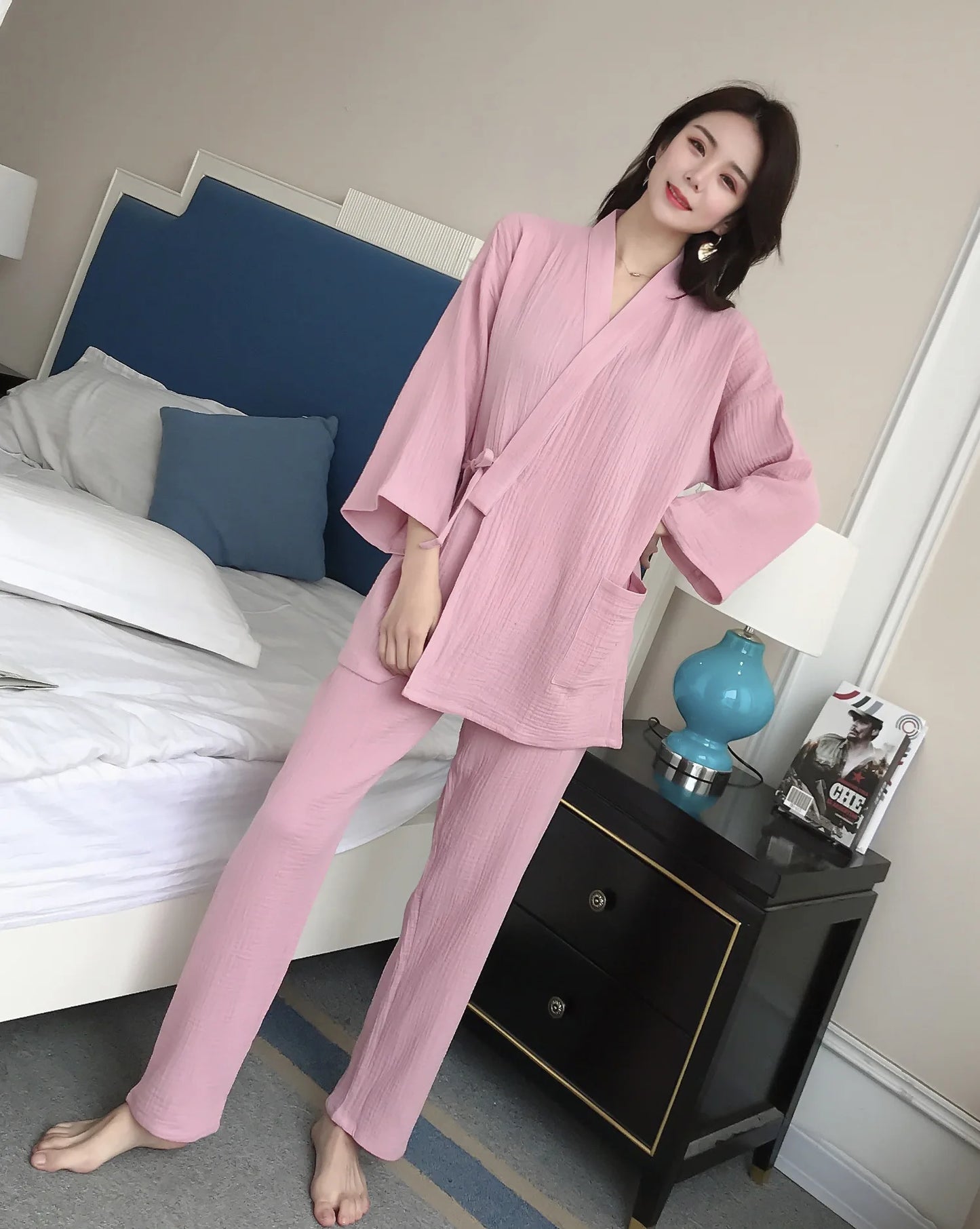 Japanese kimono suit lovers 100% cotton crepe pajamas long sleeved trousers two-piece kimono suit for men and women sleepwear