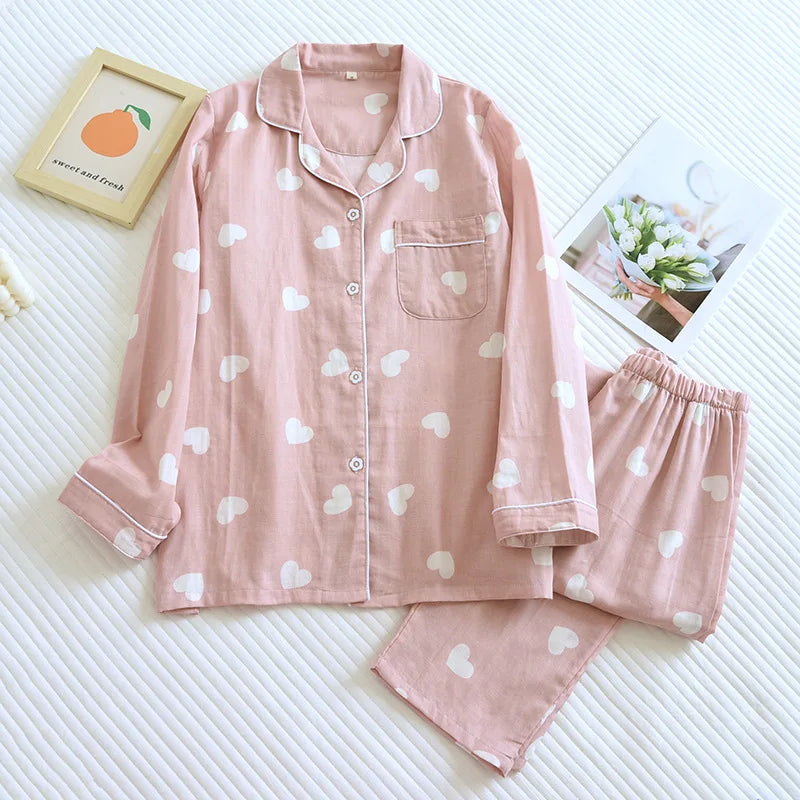 2025 New Spring and Autumn Pajama Set Women's 100% Cotton Long Sleeve Pants Two Piece Love Lovely Sweet Home Furnishing Set