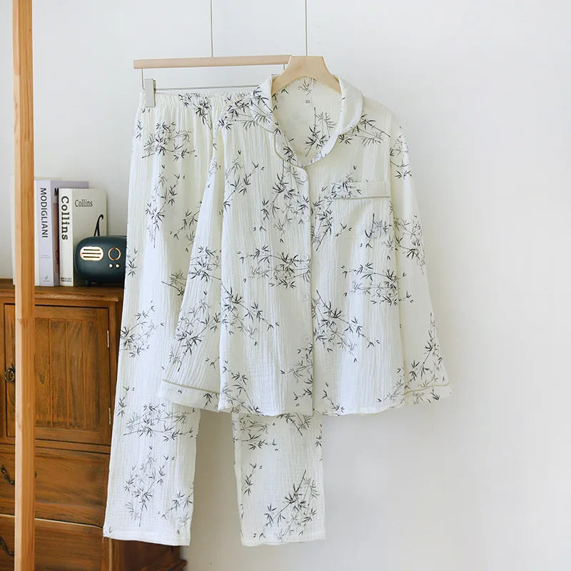 2025 New Spring and Autumn Couple Pajama Set 100% Cotton Crepe Fresh Long sleeved Pants for Men and Women Large Homewear Set
