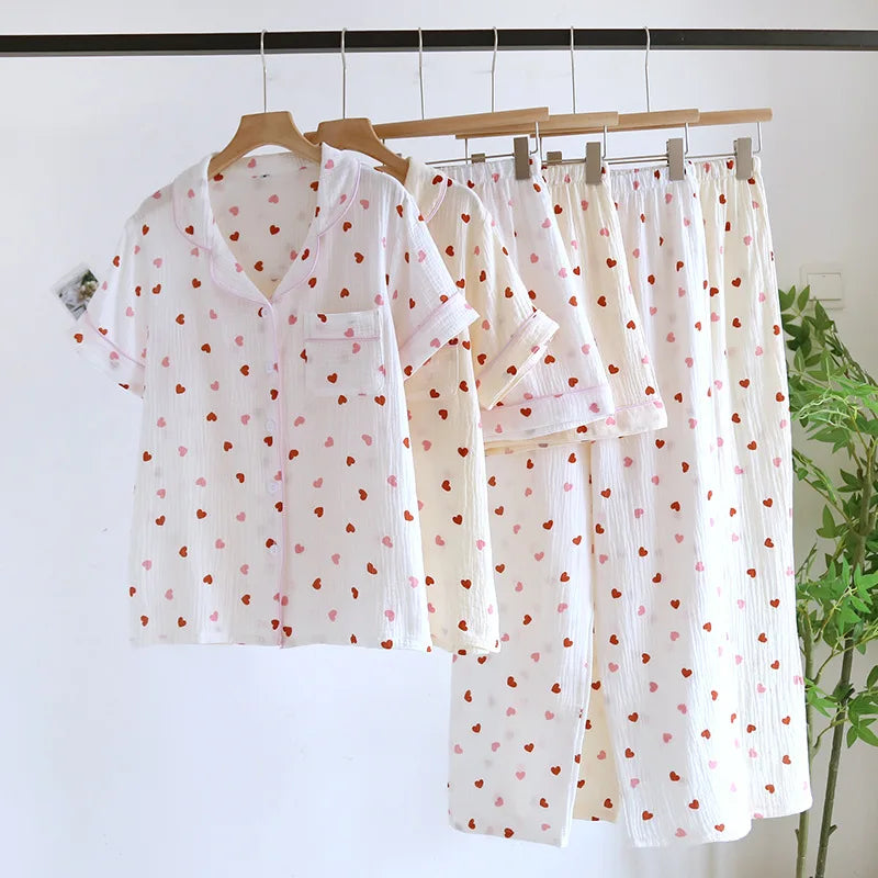 2025 New Summer Pajama Set 100% Cotton Crepe Love Short Sleeves+Shorts+Pants Three Piece Buckle Cute Home Fury Ladies Sleepwear