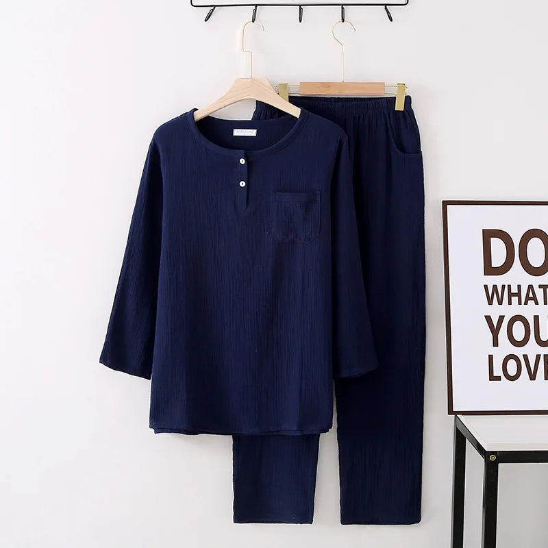 Spring and summer new style men's pajamas suit 100% cotton crepe two button long sleeved trousers two-piece leisure home suit
