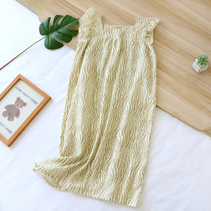 2025 Summer New Style Nightdress Ladies 100% Cotton Crepe Thin Vest Suspender Skirt Loose Long Skirt Sweet And Cute Home Skirt