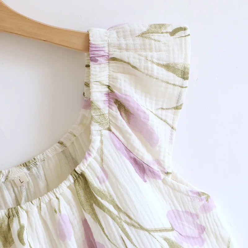 2025 New Summer Women's Sleeping Skirt 100% Cotton Crepe Cloth with Chest Cushion Tank Top Skirt Loose Thin Large Home Clothing