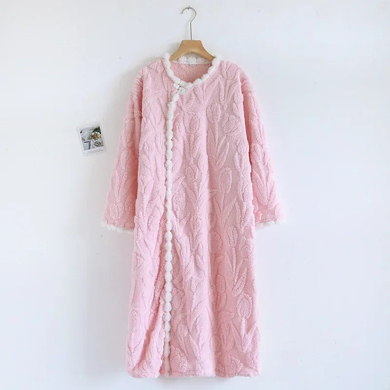 2025 New Autumn/Winter Women's Flannel Sleeping Skirt Long Sleeve Thickened Warm Long Style Loose Sleeper Robe Home Clothing