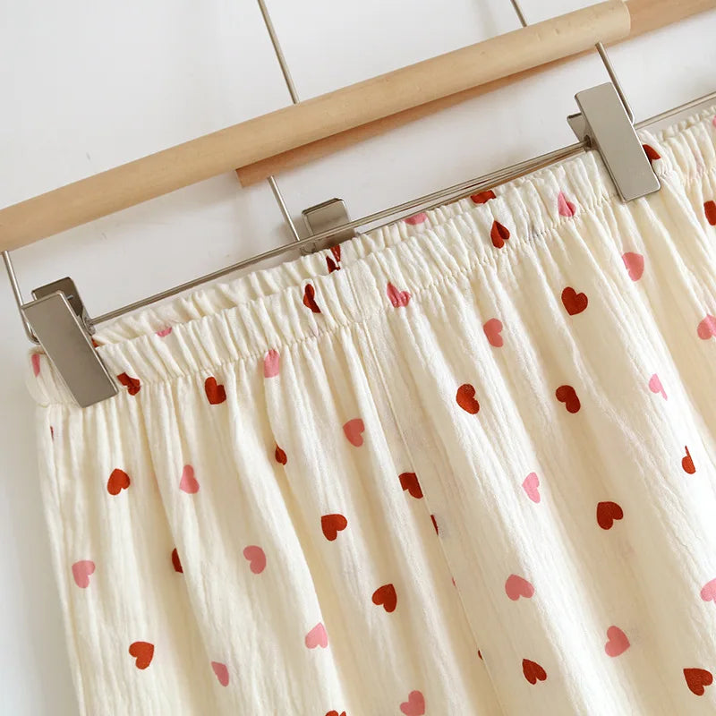 2025 New Summer Pajama Set 100% Cotton Crepe Love Short Sleeves+Shorts+Pants Three Piece Buckle Cute Home Fury Ladies Sleepwear