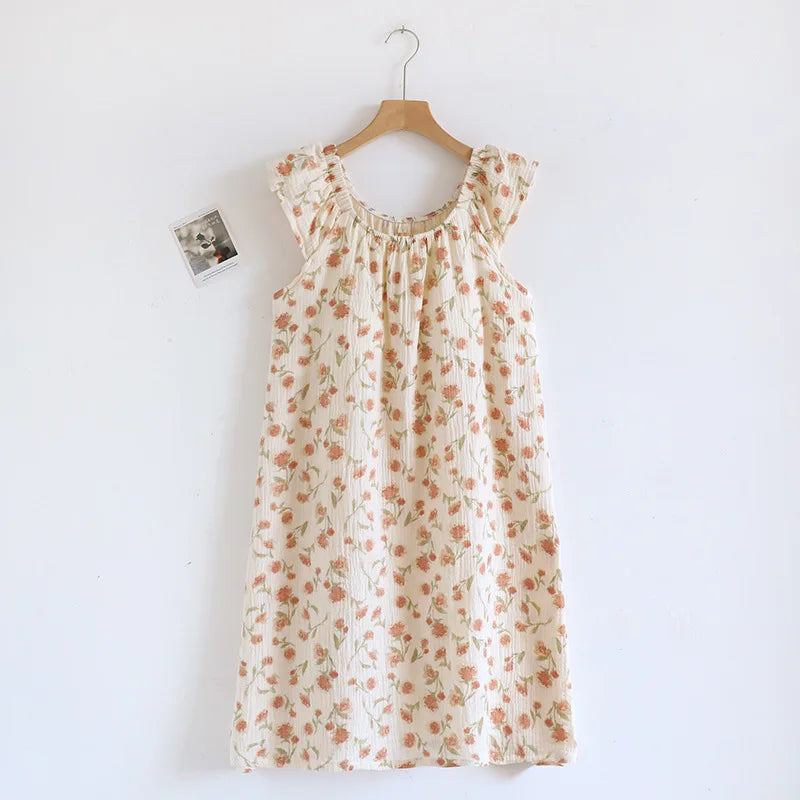 2025 New Summer Women's Sleeping Skirt 100% Cotton Crepe Cloth with Chest Cushion Tank Top Skirt Loose Thin Large Home Clothing