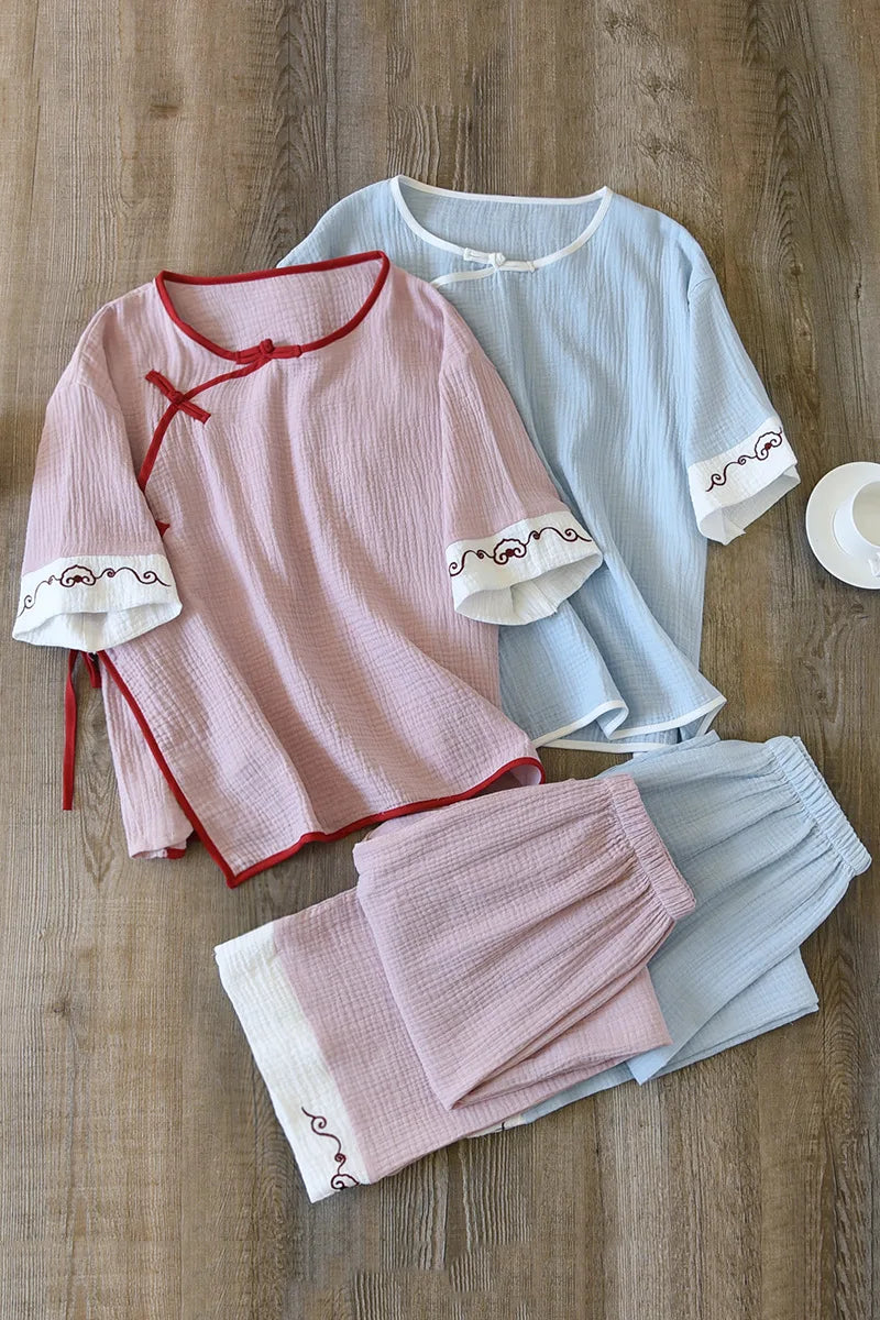 New spring and summer 100% cotton Chinese style women's pajamas two-piece set three-quarter sleeve tops home service suits