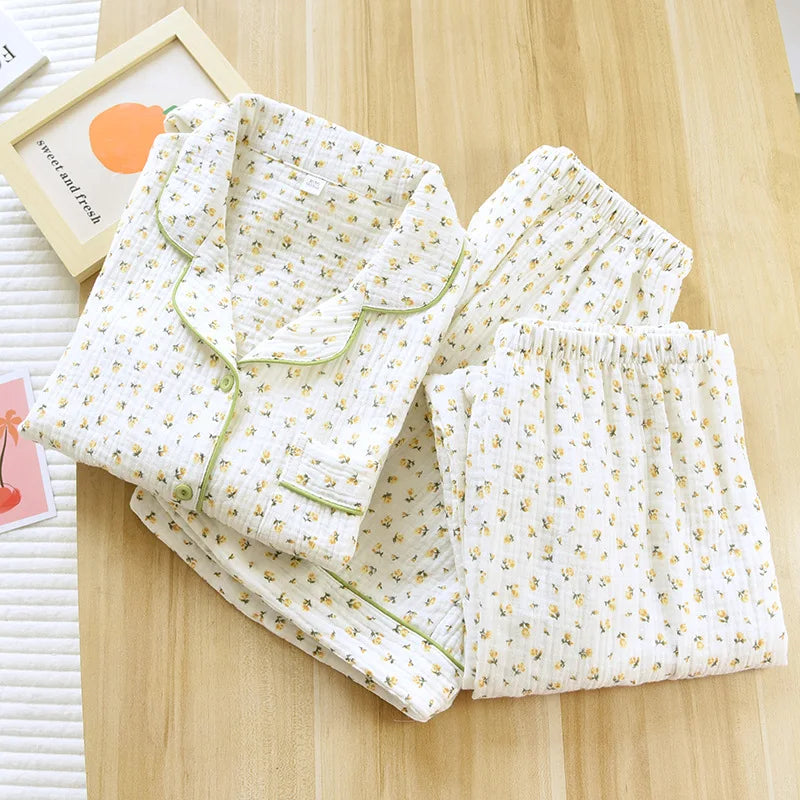 New summer women's cotton crepe three-piece short sleeve + shorts + trousers large size simple flower pajamas home service suit