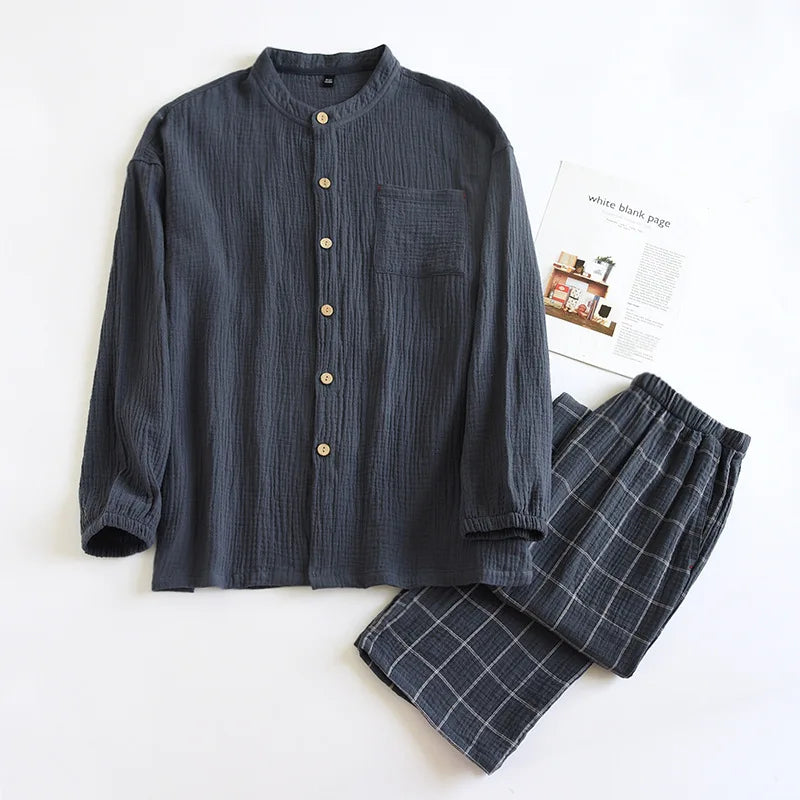 2025 Japanese style new couple sleepwear set 100% cotton crepe fabric long sleeved long pants two-piece home wear pajama