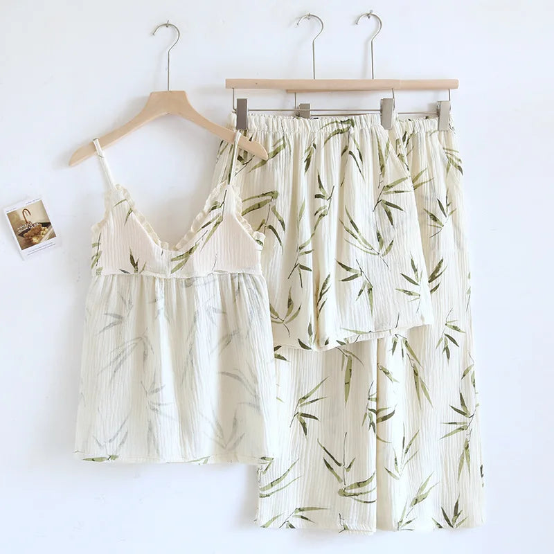 2025 Summer New Women's Pajama Set 100% Pure Cotton Crepe Sling+Shorts+Crop Pants Three piece Set with Chest Cushion Home Fury