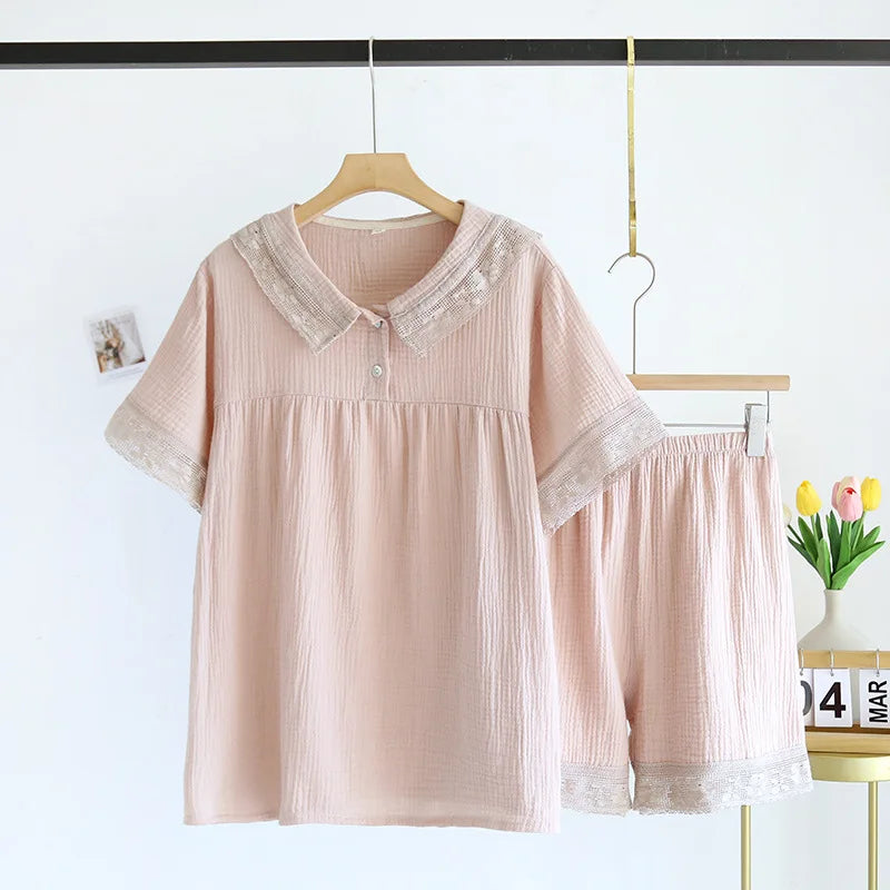 2025 New Japanese Women's Summer Pajama Set 100% Cotton Crepe Short Sleeve Shorts Two Piece Lace Neck Breathable Home Suit Set