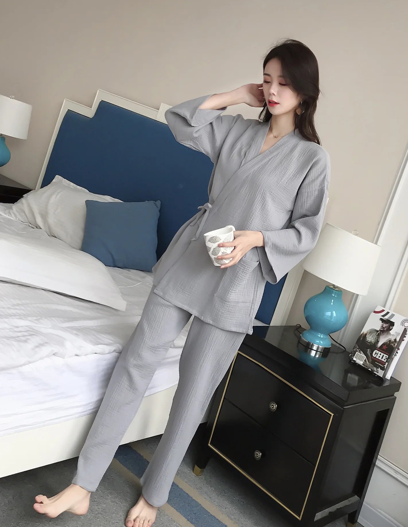 Japanese kimono suit lovers 100% cotton crepe pajamas long sleeved trousers two-piece kimono suit for men and women sleepwear