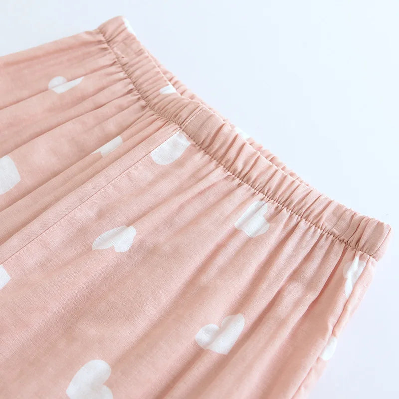 New spring and summer women's pajamas three-piece set short sleeves + shorts + trousers 100%cotton gauze love print homewear set