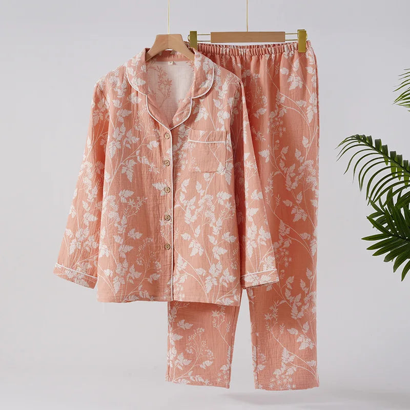 2025 New Spring and Autumn Women's Pajama Set 100% Cotton Gauze Jacquard Long Sleeve Long Pants Loose Home Clothes Two Piece Set