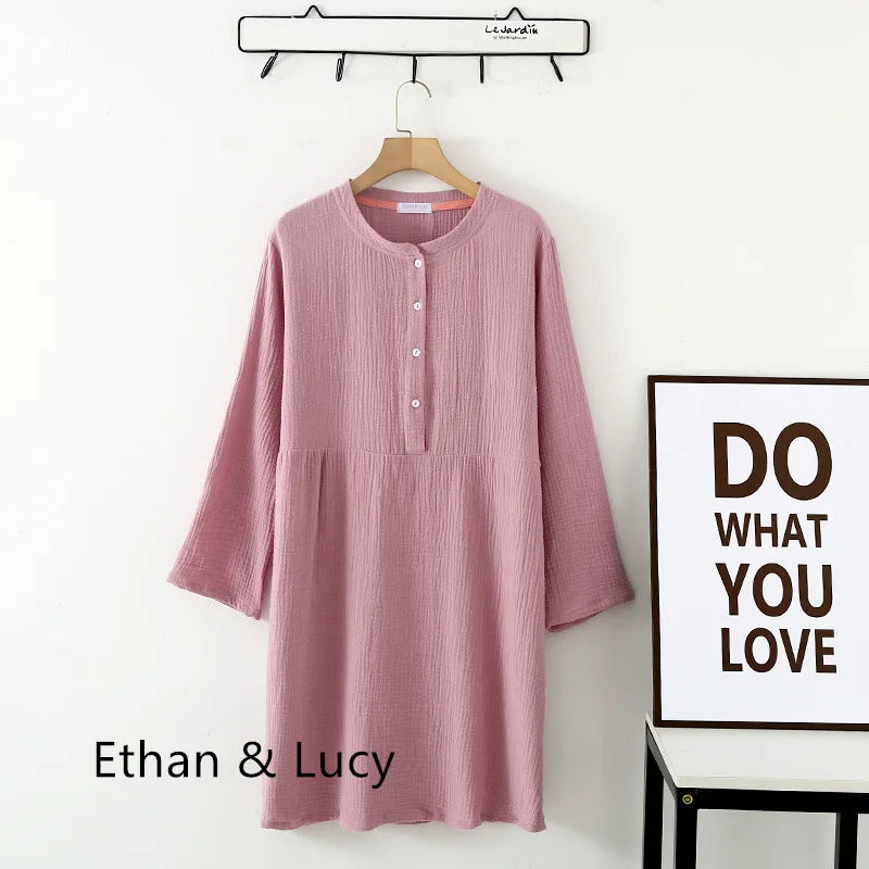 Spring and Autumn Women's Long Sleeve Nightdress 100%Cotton Crepe Round Neck Button Solid Color Dress Home Dress Nightgown Dress