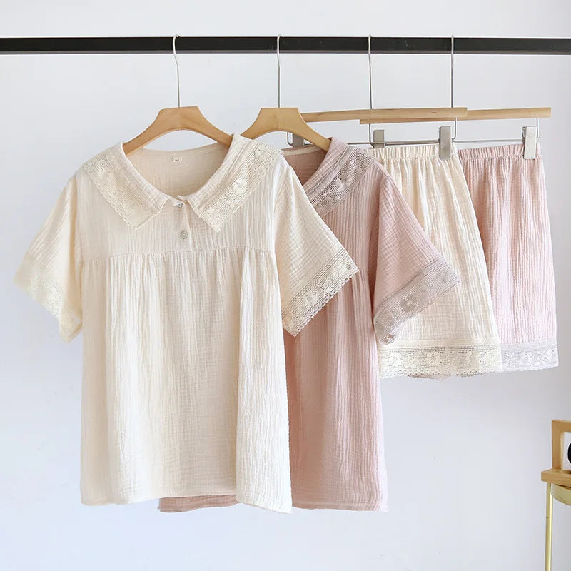 2025 New Japanese Women's Summer Pajama Set 100% Cotton Crepe Short Sleeve Shorts Two Piece Lace Neck Breathable Home Suit Set