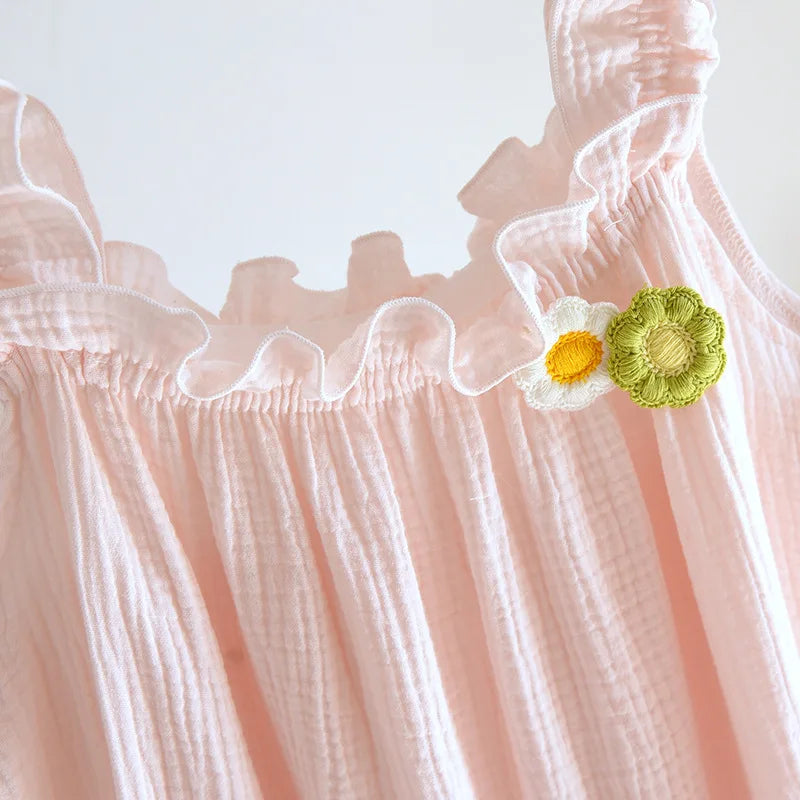 2025 summer new women's suspender nightdress 100% cotton crepe thin style solid color floral vest skirt home skirt sleepwear