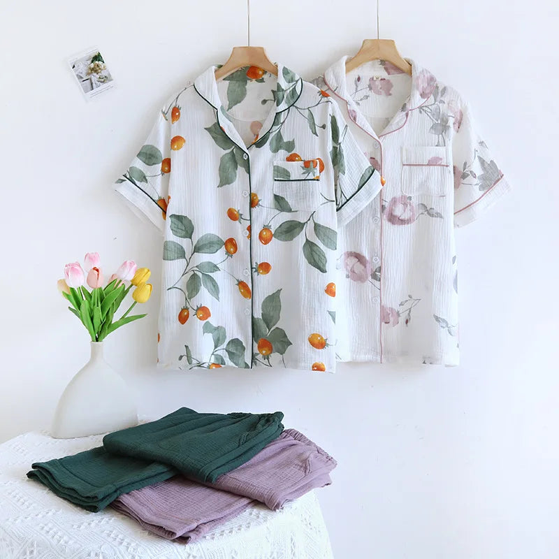 2025 Japanese Summer New Women's Pajama Set Short Sleeve+Long Pants Two piece Set 100%Cotton Thin Cardigan Home Furnishing Fresh
