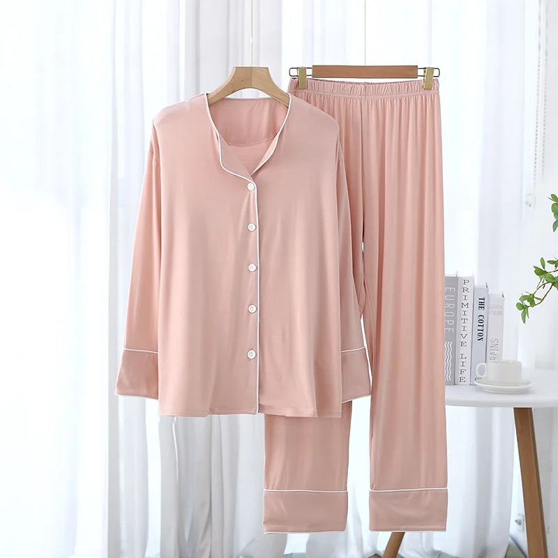 New Spring and Autumn Women's Pajamas Set Modal Pure Color Simple Thin Cardigan Long Sleeve Pants Two Piece Home Suit Sleepwear